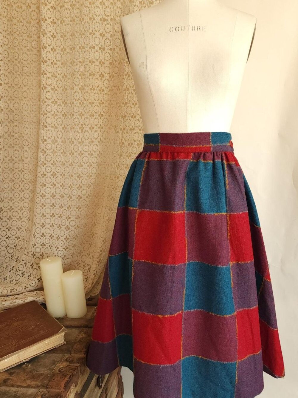 Vintage 1970s 1980s Skirt, V.S.O.P. Colorblock Fit and Flare 1950s Style